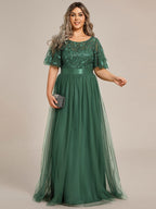 Plus Size Embroidered Short Sleeve Evening Dress for Women