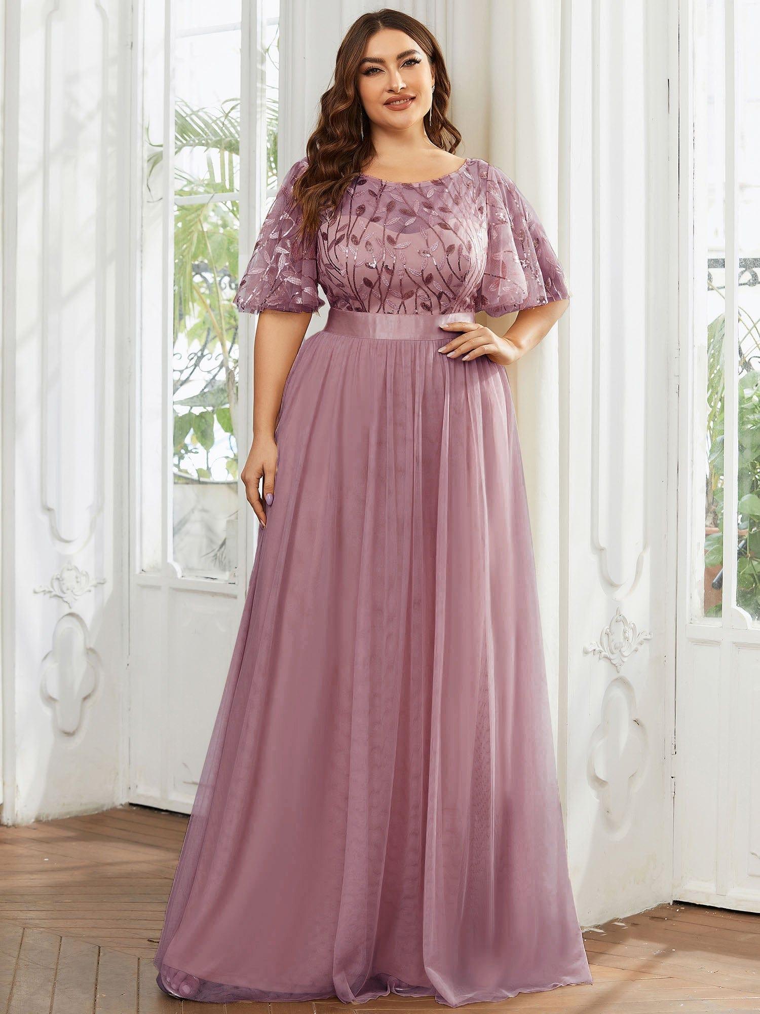 Plus Size Embroidered Short Sleeve Evening Dress for Women