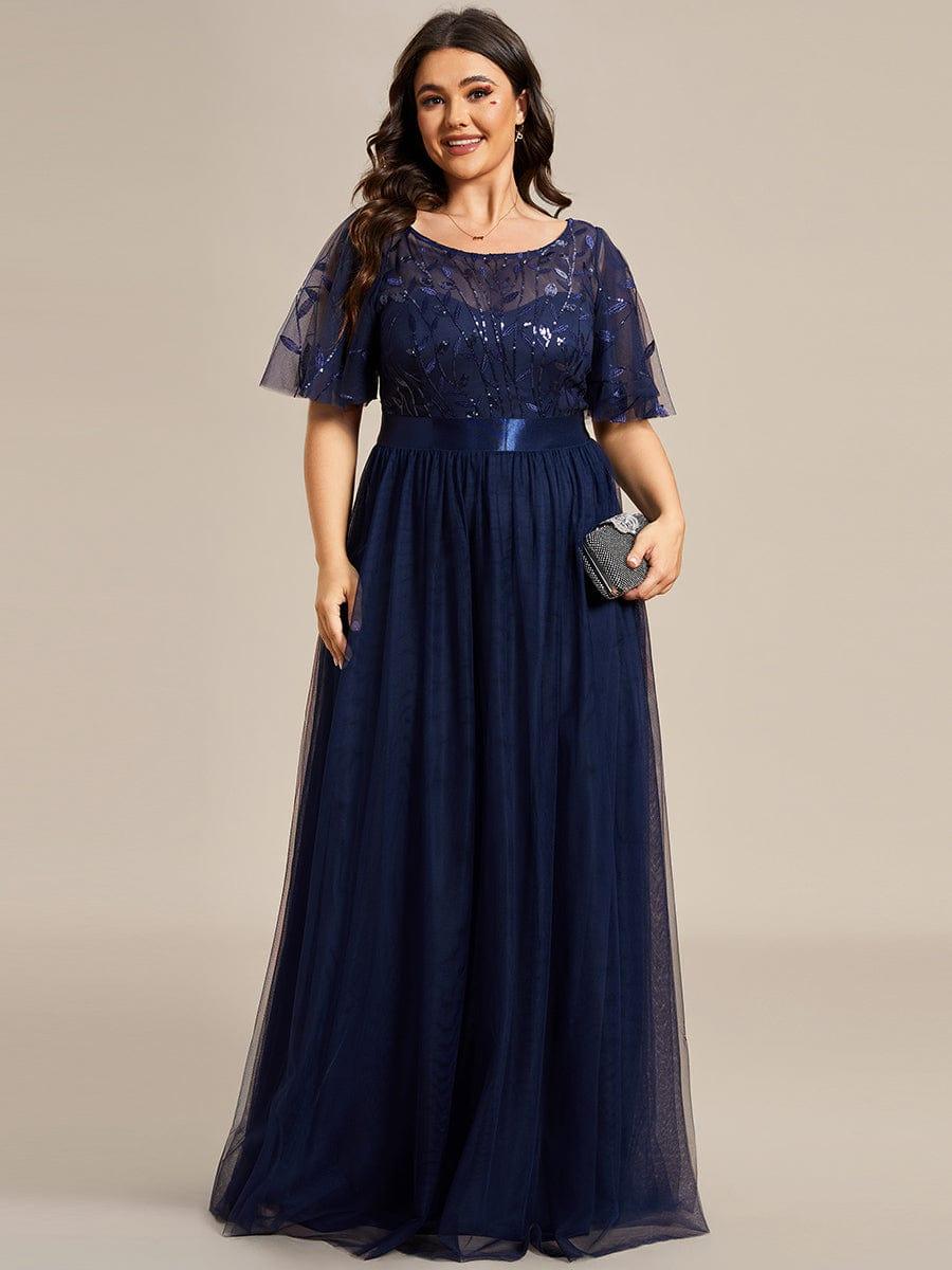 Plus Size Embroidered Short Sleeve Evening Dress for Women