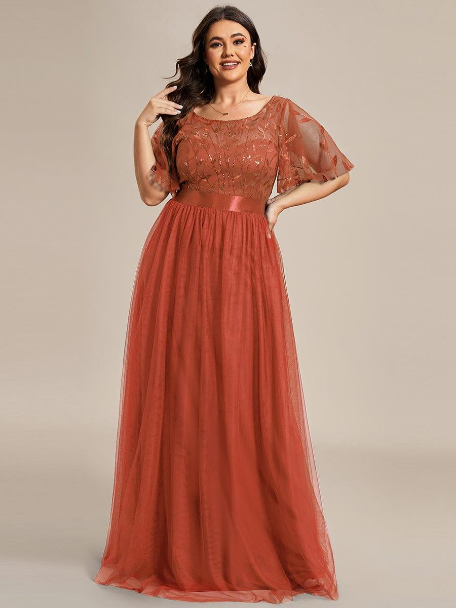 Plus Size Embroidered Short Sleeve Evening Dress for Women