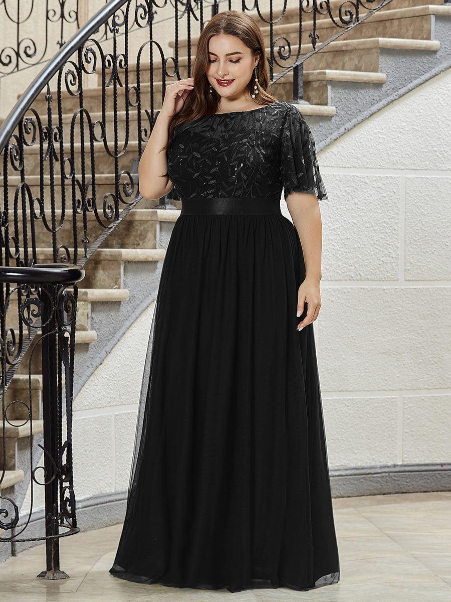 Plus Size Embroidered Short Sleeve Evening Dress for Women
