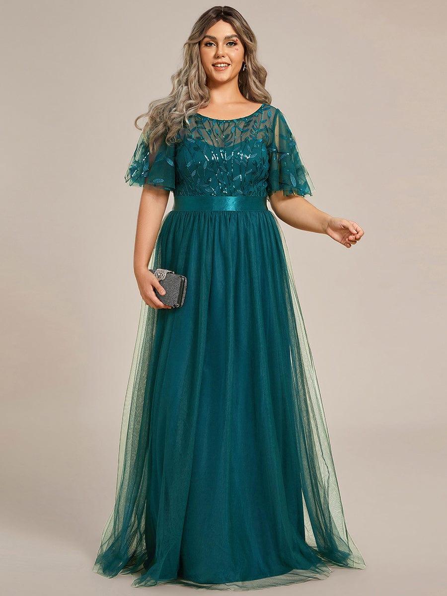 Plus Size Embroidered Short Sleeve Evening Dress for Women