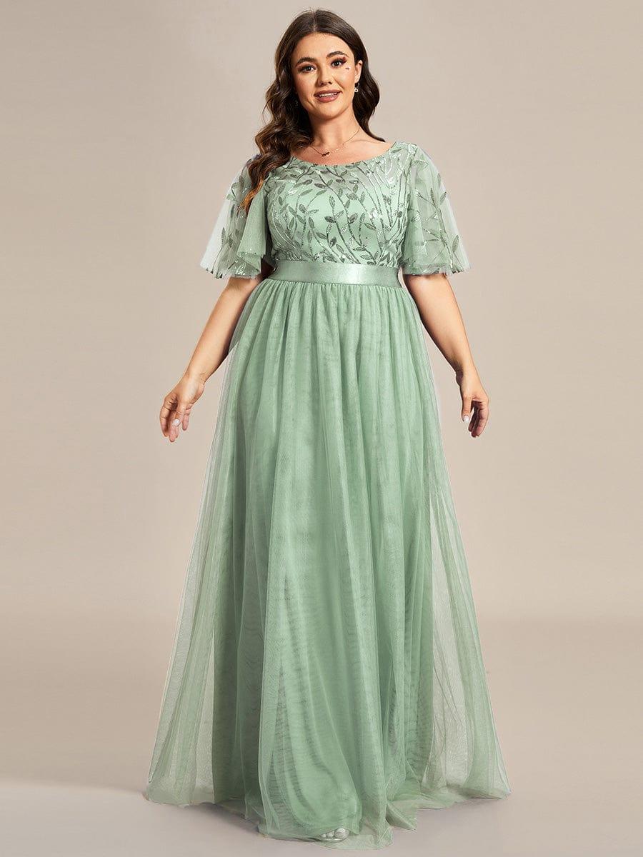 Plus Size Embroidered Short Sleeve Evening Dress for Women
