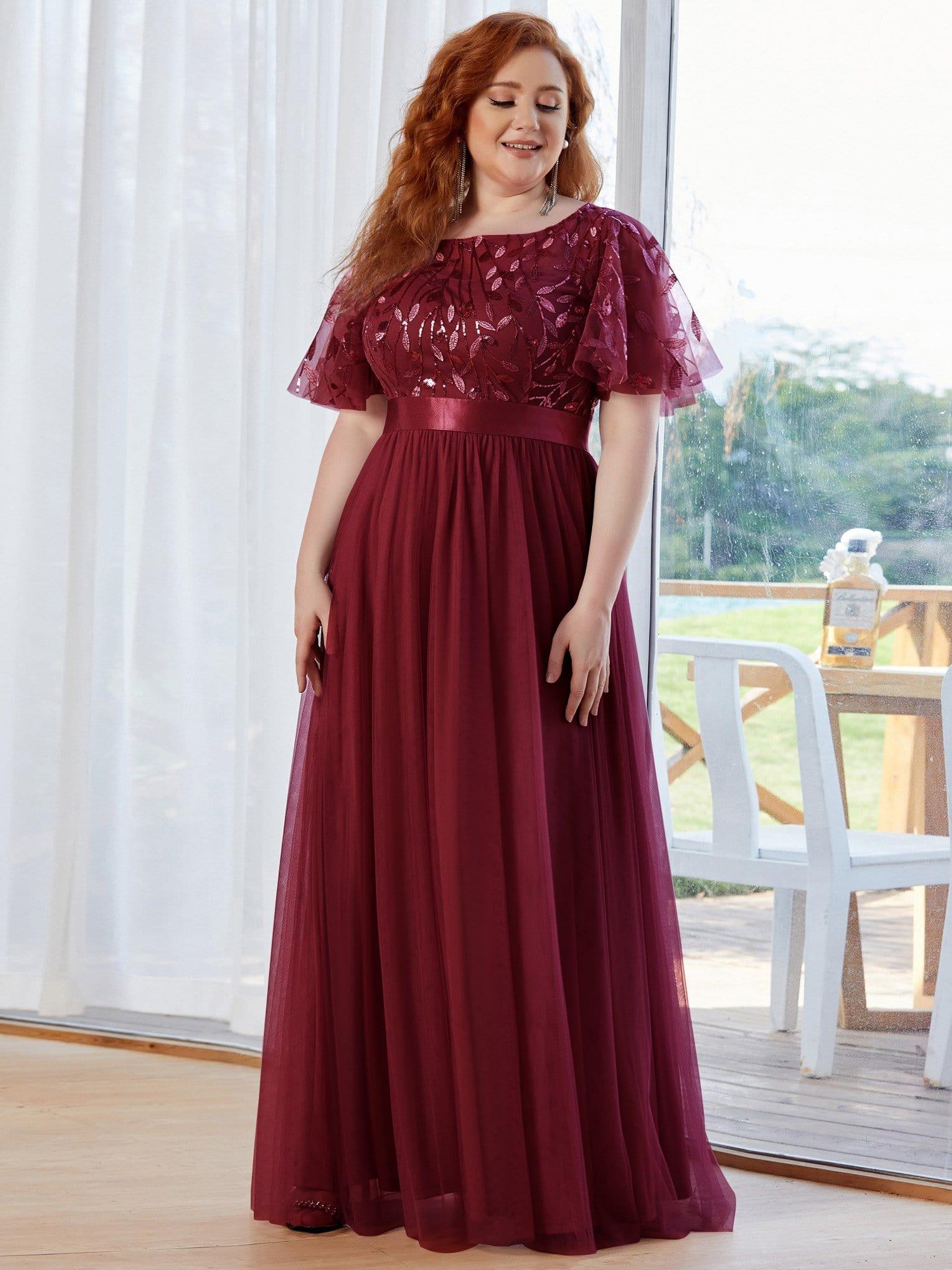 Plus Size Embroidered Short Sleeve Evening Dress for Women