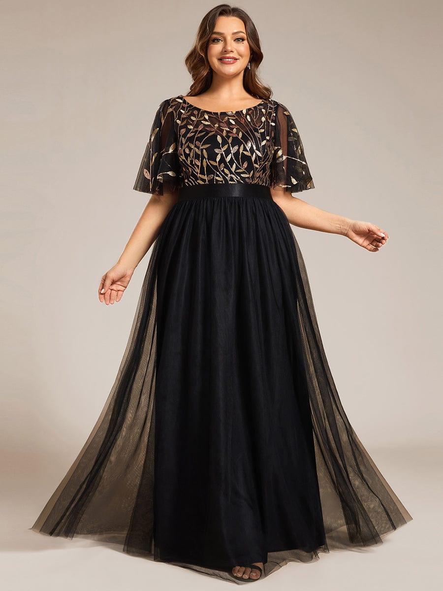 Plus Size Embroidered Short Sleeve Evening Dress for Women