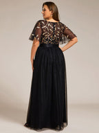 Plus Size Embroidered Short Sleeve Evening Dress for Women