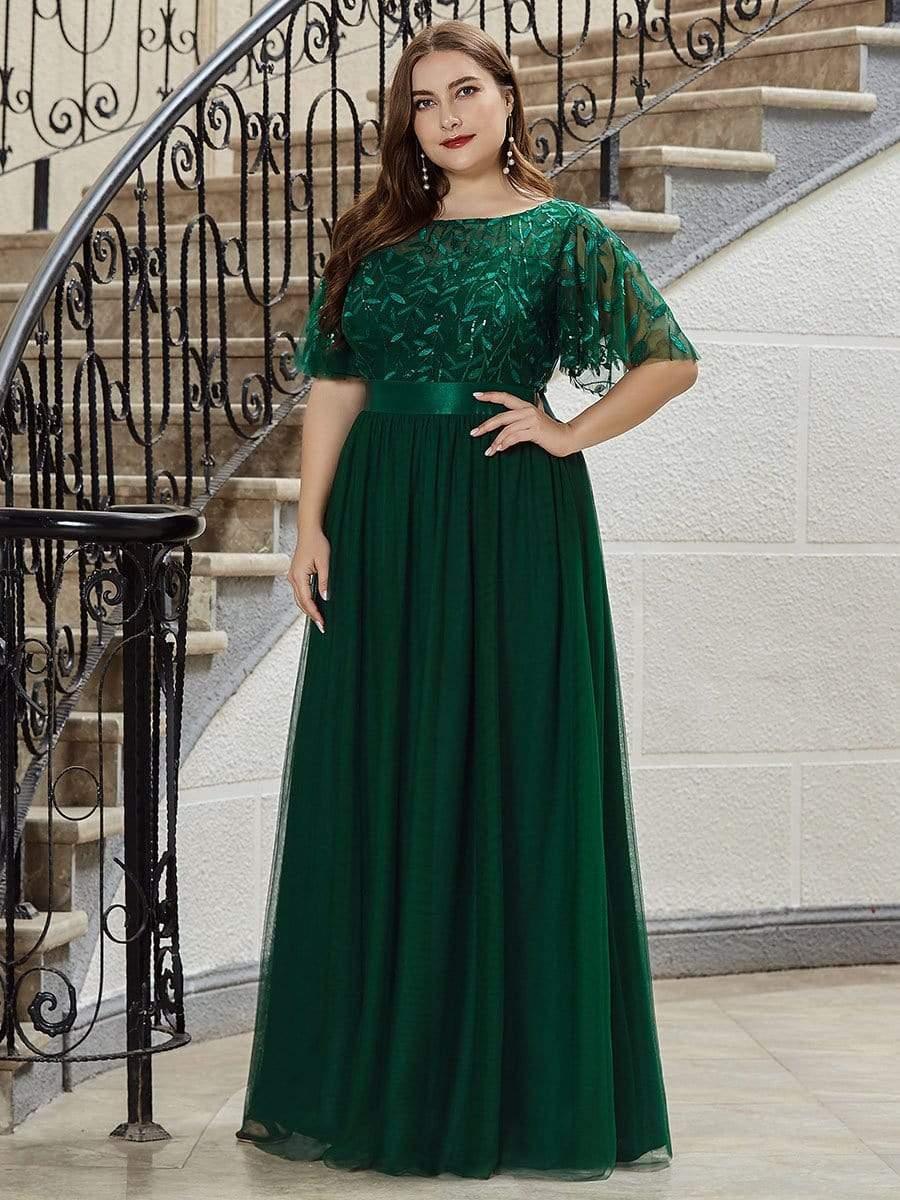 Plus Size Embroidered Short Sleeve Evening Dress for Women