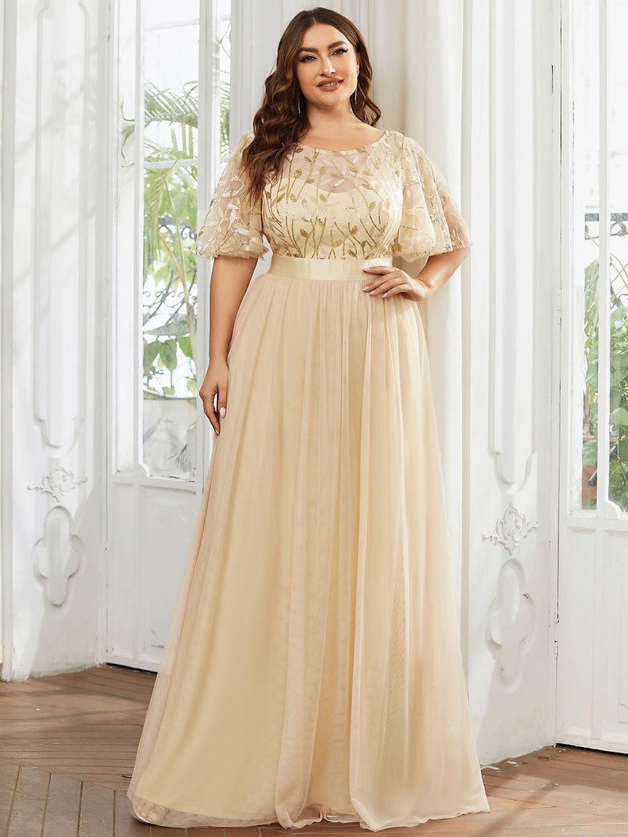 Plus Size Embroidered Short Sleeve Evening Dress for Women