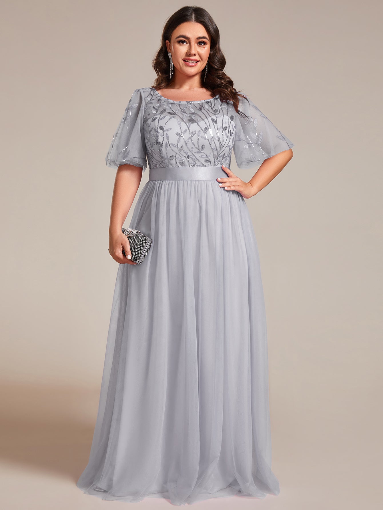 Plus Size Embroidered Short Sleeve Evening Dress for Women