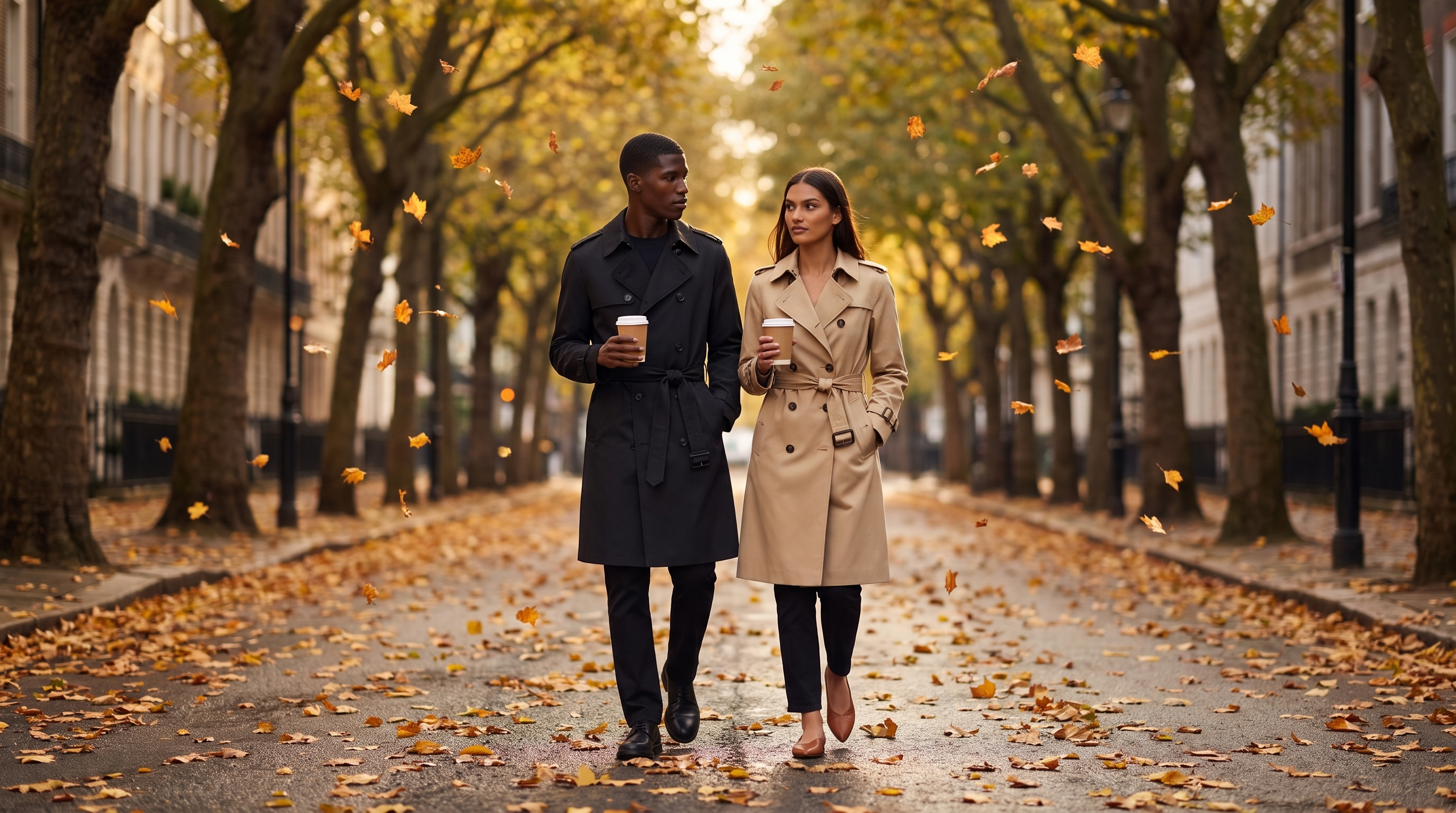 Pupir fall campaign, man and woman in trench coats on an autumn street