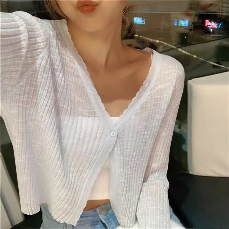 White lightweight ribbed knit button up cardigan