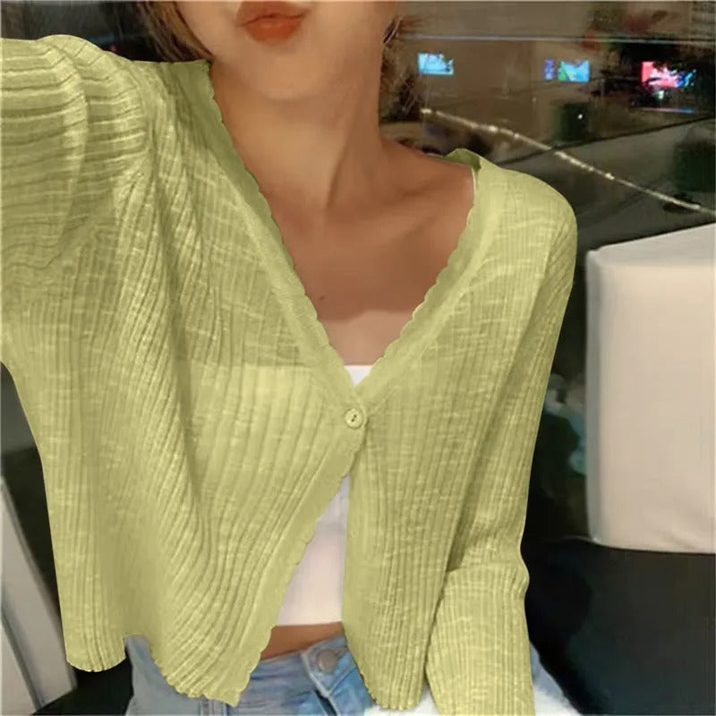 Green lightweight ribbed knit button up cardigan