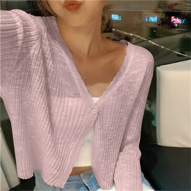 Pink lightweight ribbed knit button up cardigan