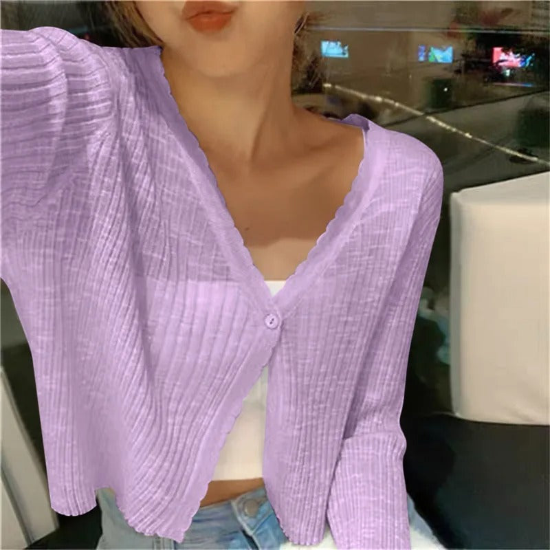 Purple lightweight ribbed knit button up cardigan