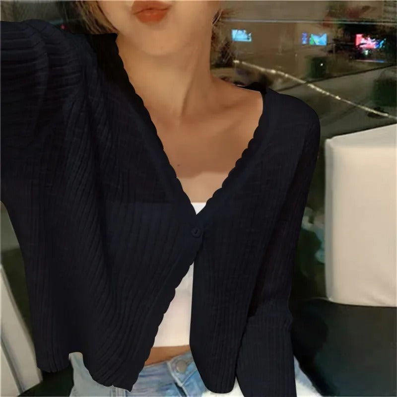 Black lightweight ribbed knit button up cardigan
