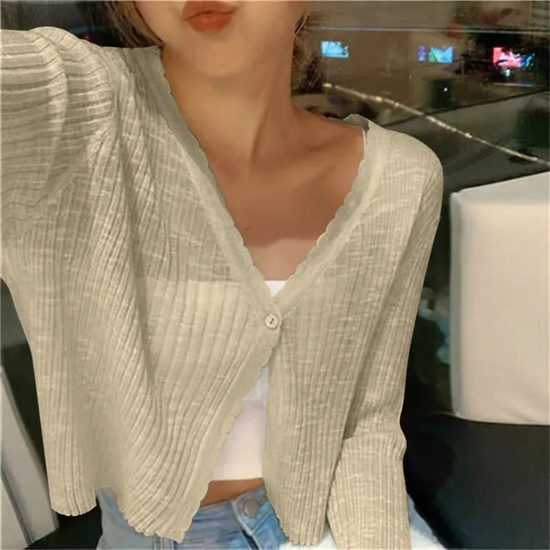 Beige lightweight ribbed knit button up cardigan