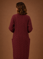 Burgundy cable knit hooded cardigan back view