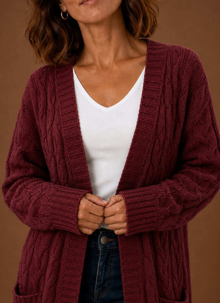 Burgundy cable knit cardigan texture close up