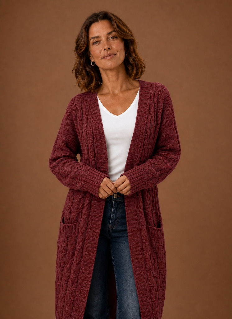 Burgundy chunky cable knit hooded longline duster cardigan front view