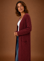 Burgundy cable knit hooded cardigan side view